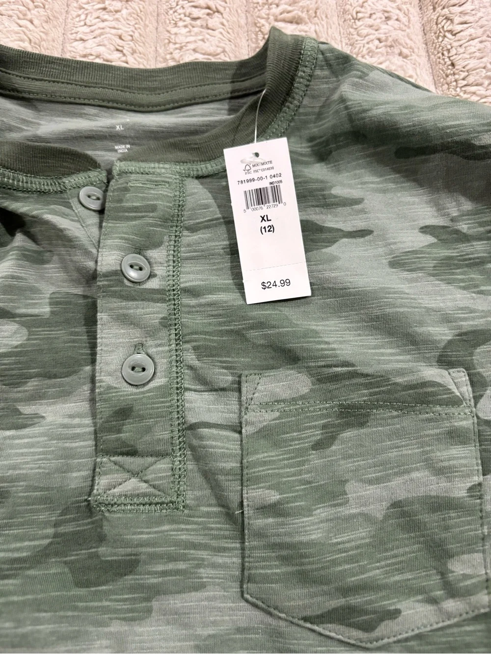 GAP Boys Olive Green Camo Henley Tee